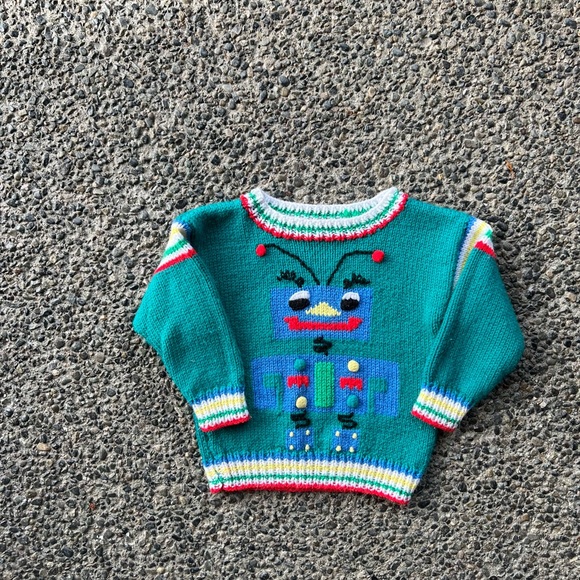 SOLD vintage handknit robot sweater , size 2T - Picture 5 of 6